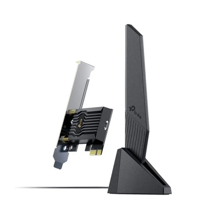 TP-Link Archer TXE73E AXE5400 Wi-Fi 6E and Bluetooth 5.3 PCIe adapter card with red heatsink.