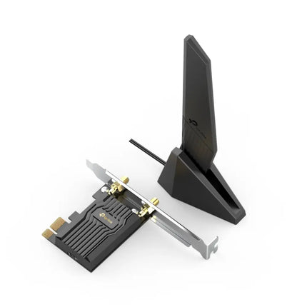Archer TXE73E network card, magnetic antenna base, low-profile bracket, and Bluetooth header cable.