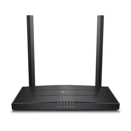TP-Link Archer VR400 AC1200 Wireless MU-MIMO VDSL and ADSL modem router in glossy black, featuring three high-performance external antennas.