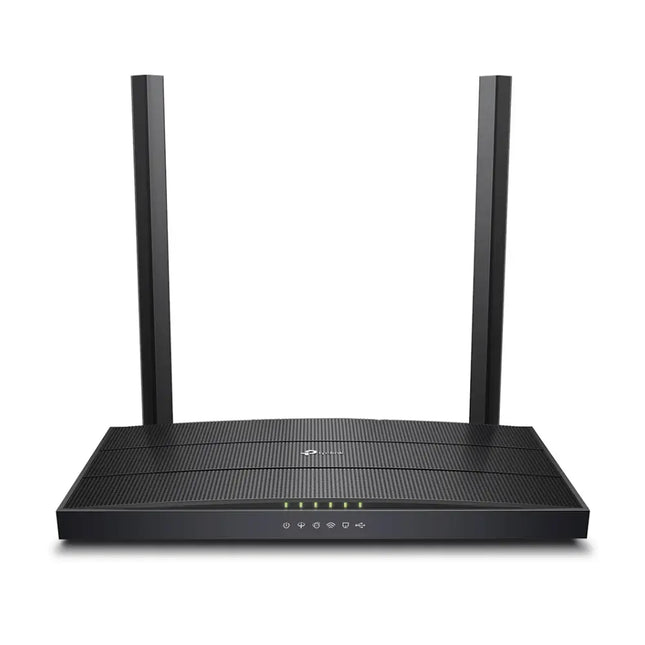 TP-Link Archer VR400 AC1200 Wireless MU-MIMO VDSL and ADSL modem router in glossy black, featuring three high-performance external antennas.