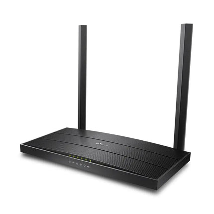 Rear panel view of the TP-Link Archer VR400 showing the RJ11 DSL port, full Gigabit LAN and WAN Ethernet ports, power switch, and WPS button.