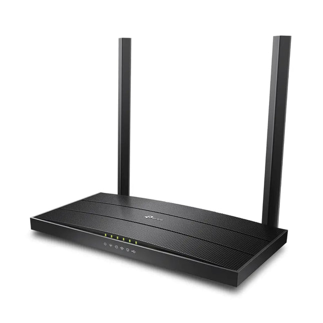 Rear panel view of the TP-Link Archer VR400 showing the RJ11 DSL port, full Gigabit LAN and WAN Ethernet ports, power switch, and WPS button.