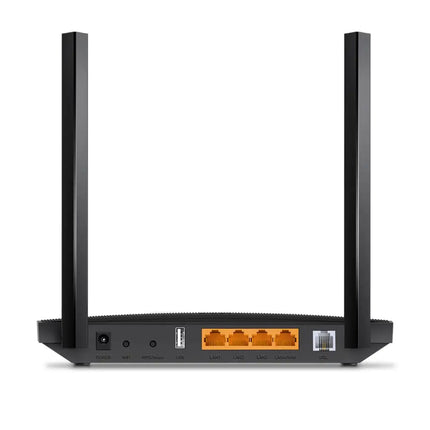 Infographic explaining the TP-Link Archer VR400 dual-band speeds of 867Mbps on 5GHz and 300Mbps on 2.4GHz with MU-MIMO multi-device efficiency.