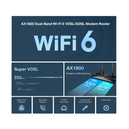 An Archer VX1800v Wi-Fi 6 modem router placed on a media console, providing high-speed internet and VoIP landline connectivity for a home network.