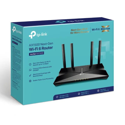 Official retail box packaging for the TP-Link Archer AX1500 Dual-Band Wi-Fi 6 Router.
