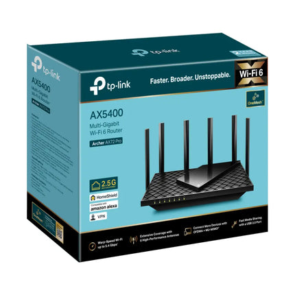 TP-Link Archer AX72 Pro AX5400 Multi-Gigabit WiFi 6 Router featuring advanced security, VPN client support, and textured cooling vents.