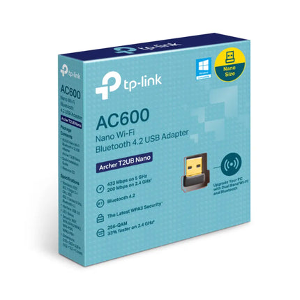 TP-Link Archer T2UB Nano AC600 Nano Wi-Fi Bluetooth 4.2 USB Adapter supporting Windows operating systems and advanced WPA2 security.