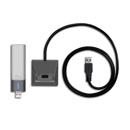 TP-Link Australia Archer TX20UH Wi-Fi 6 USB adapter docked in its included desktop cradle with high-gain antennas extended.