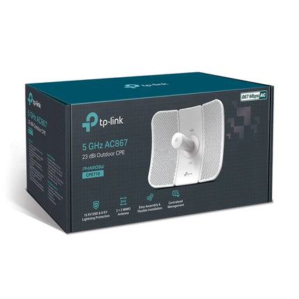Official retail packaging and unboxed system components for the TP-Link Australia CPE710 5GHz outdoor dish antenna.
