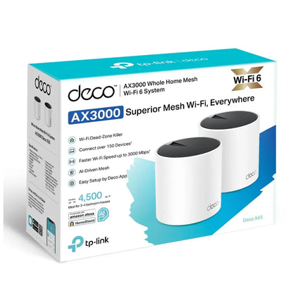TP-Link Deco X55 2-Pack AX3000 Whole Home Mesh Wi-Fi 6 System featuring AI-driven seamless roaming, simple app setup, and Gigabit Ethernet ports.
