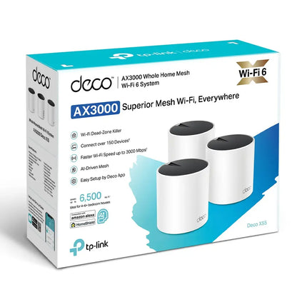 TP-Link Deco X55 3-Pack AX3000 Whole Home Mesh Wi-Fi 6 System featuring AI-driven seamless roaming, simple app setup, and robust parental controls.