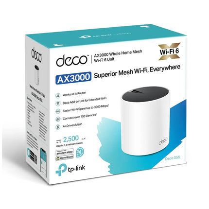 TP-Link Deco X55 AX3000 Whole Home Mesh Wi-Fi 6 Unit featuring smart AI-driven mesh technology and parental controls for secure family internet.