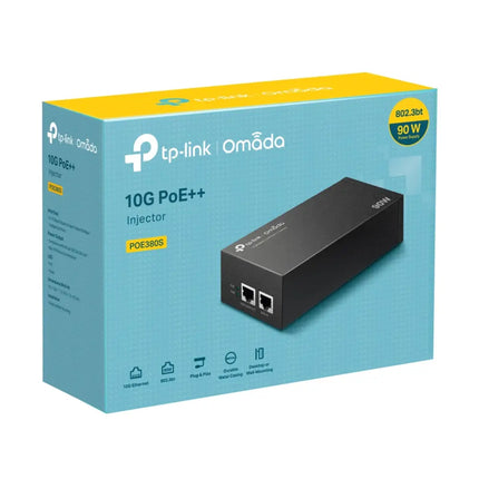 Official TP-Link Australia POE380S 10Gbps PoE++ injector setup demonstrating plug-and-play desktop or wall-mount deployment for high-power devices.
