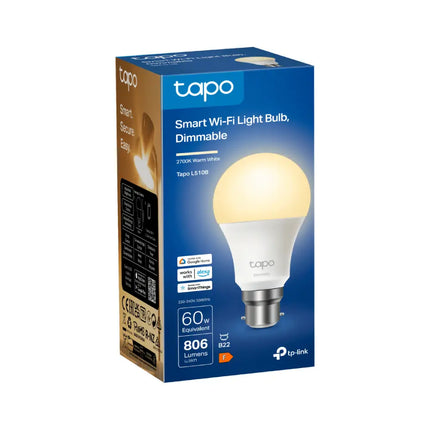 Official retail packaging for the TP-Link Australia Tapo L510B smart bulb, displaying voice control compatibility.