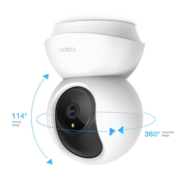TP-Link Australia TC70 indoor smart security camera sitting upright on a modern living room shelf.