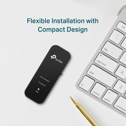 TP-Link POE10E Fast Ethernet PoE+ Extender featuring a durable casing and standard RJ45 input and output ports.