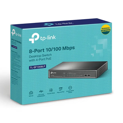 Official retail box packaging for the TP-Link TL-SF1008LP 8-Port 10/100Mbps Desktop Switch with 4-Port PoE.