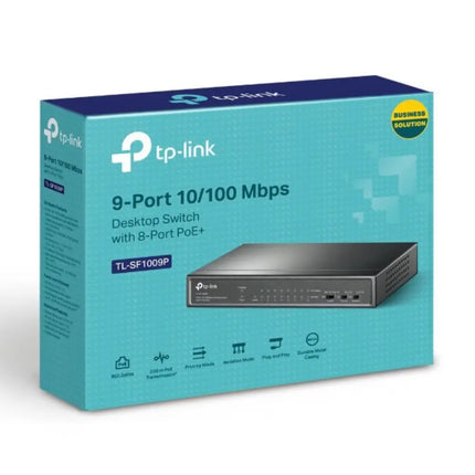 Official retail packaging for the TP-Link TL-SF1009P 9-Port 10/100Mbps Desktop Switch with 8-Port PoE+.