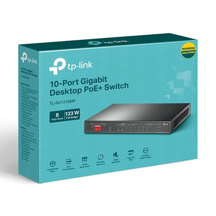 Official retail packaging for the TP-Link TL-SG1210MP 10-Port Gigabit Desktop Switch with 8-Port PoE+.