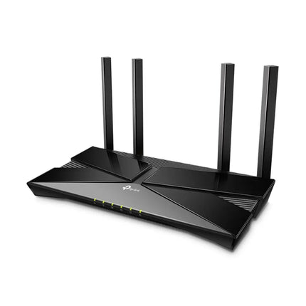 Angled front view of the TP-Link Archer AX1500 Wi-Fi 6 router, showcasing its modern geometric design and LED status lights.