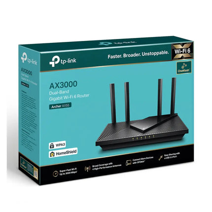 Angled front view of the black TP-Link Archer AX55 Wi-Fi 6 router, showcasing its textured cooling vents.
