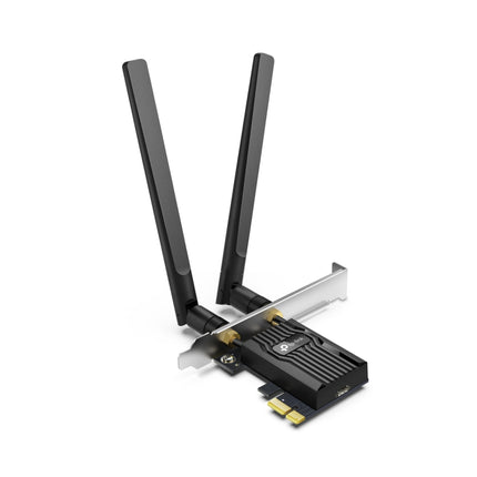 Close-up of the TP-Link Archer TX10E AX900 PCIe card showing the dual external antennas for high-speed internet.