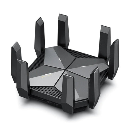 Close-up angled shot of the TP-Link AXE16000 router highlighting its bold LED indicator panel, sleek ventilation grilles, and premium matte finish.