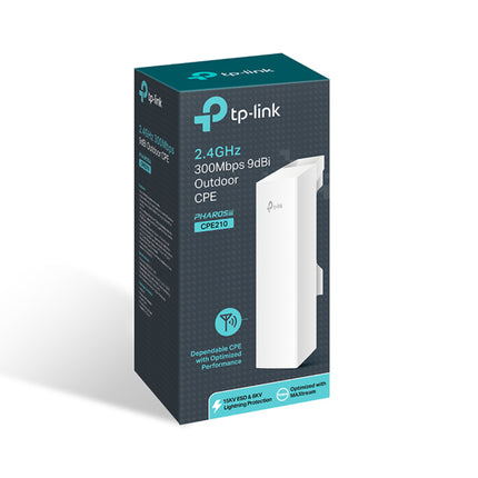 A TP-Link CPE210 long-range outdoor access point strapped tightly to an exterior rooftop pole mount for point-to-multipoint network distribution.