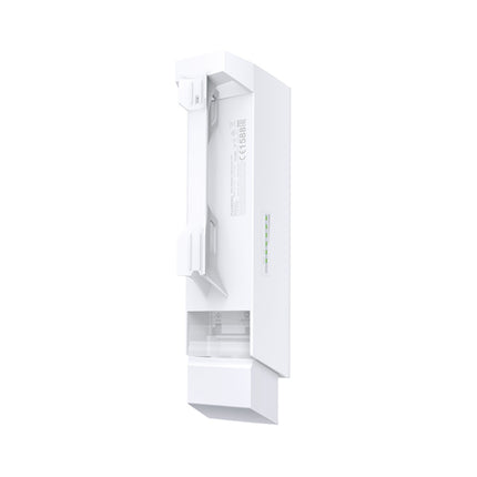 Back panel profile of the TP-Link CPE210 showing integrated alignment strap slots and the vertical RSSI wireless signal strength LED indicator strip.