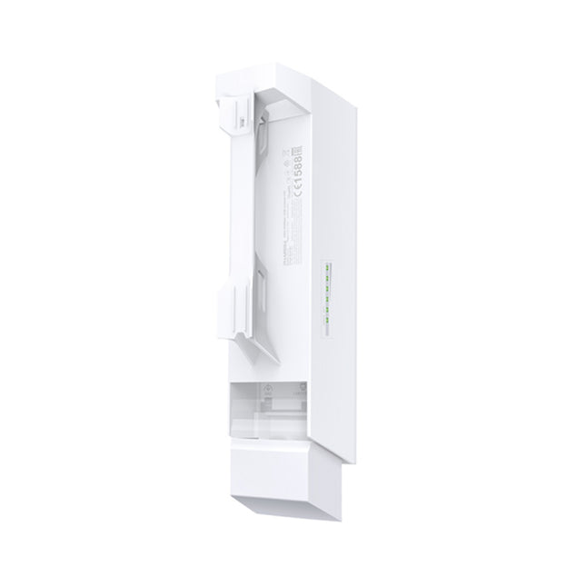 Back panel profile of the TP-Link CPE210 showing integrated alignment strap slots and the vertical RSSI wireless signal strength LED indicator strip.