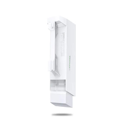 TP-Link CPE510 outdoor Pharos CPE securely mounted to a metal pole using heavy-duty zip ties for long-range point-to-point wireless networking.