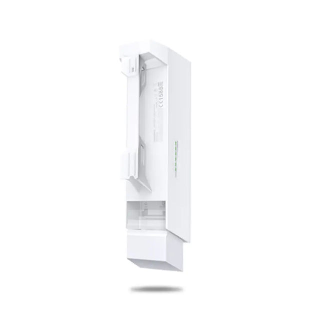 TP-Link CPE510 outdoor Pharos CPE securely mounted to a metal pole using heavy-duty zip ties for long-range point-to-point wireless networking.