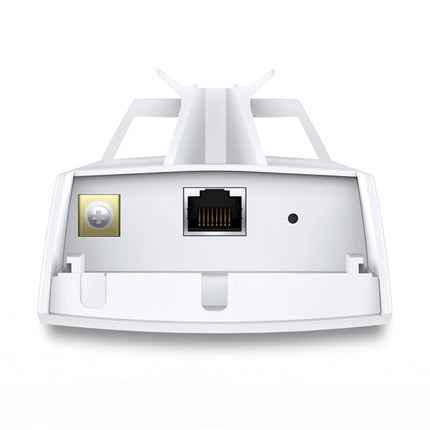 An outdoor TP-Link CPE510 wireless bridge client device strapped securely to a metal mounting mast on a building exterior for high-speed line-of-sight data transmission.