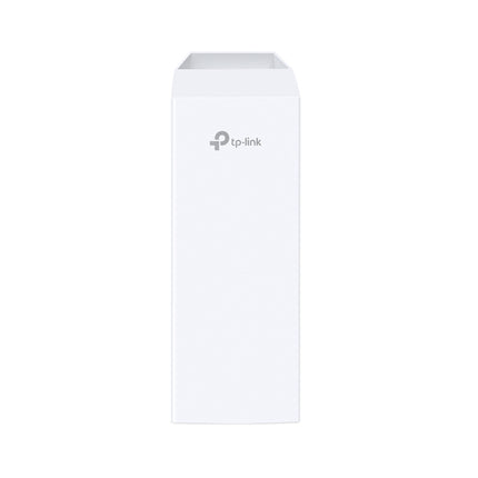 The underside of a TP-Link CPE510 unit with the protective slide-down cover open, displaying the Fast Ethernet LAN port supporting passive PoE, reset button, and grounding lug.