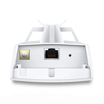 Bottom view of the TP-Link CPE510 revealing the weatherproof sliding cover, passive PoE Ethernet port, LAN port, and grounding terminal.