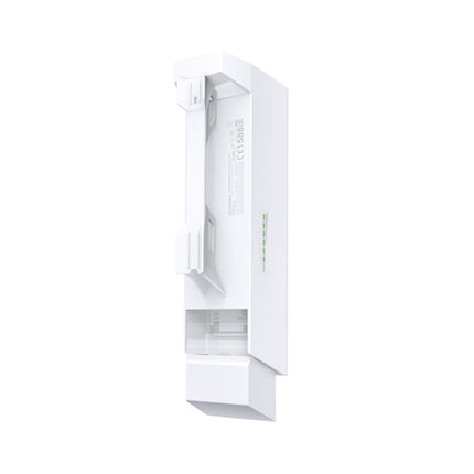 Rear panel view of the TP-Link CPE510 showing the pole-mounting guide slots and the vertical green LED strip indicating wireless signal strength and link stability.