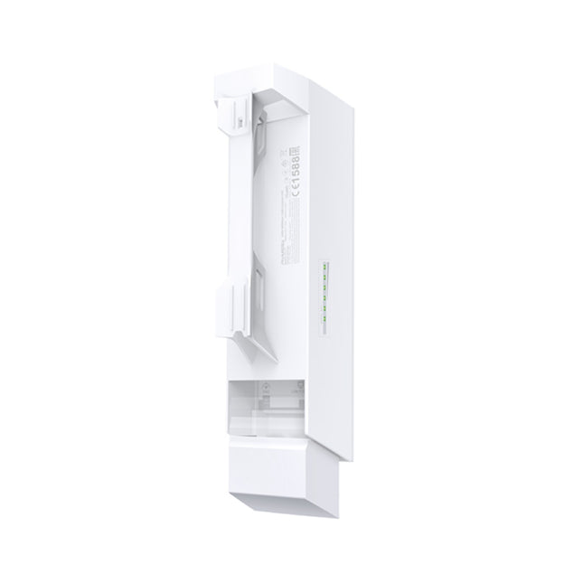 Rear panel view of the TP-Link CPE510 showing the pole-mounting guide slots and the vertical green LED strip indicating wireless signal strength and link stability.
