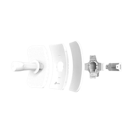 Detail view of the CPE605's snap-lock assembly design, showing the easy-to-install mounting kit and the adjustable three-axis alignment for precise long-range signal aiming.