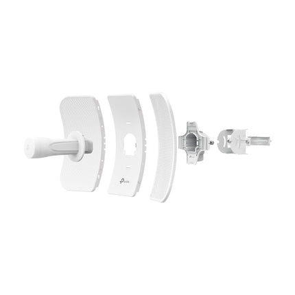 Close-up shot of the TP-Link CPE610 central radio transmitter feedhorn showing the weatherproof port shield door protecting the passive PoE Ethernet terminal.