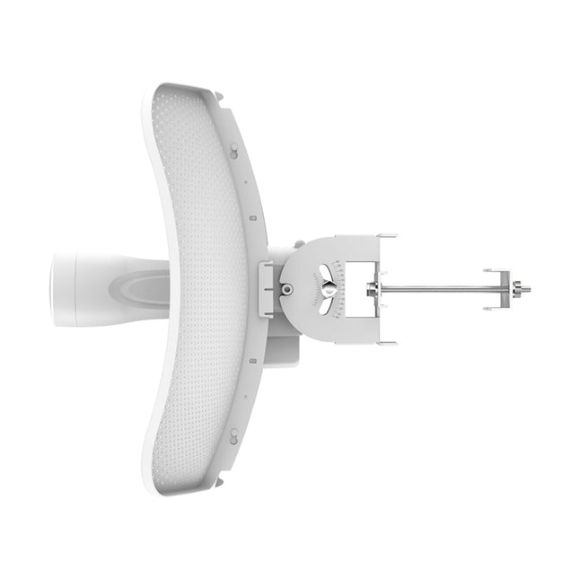 Rear perspective of the TP-Link CPE610 antenna displaying the tool-less snap-lock assembly layout and structural multi-axis pole-mounting alignment bracket.
