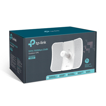 Front view of the TP-Link CPE610 Pharos retail packaging highlighting its 23dBi high-gain directional beamwidth, wind-resistant layout, and free central management software features.