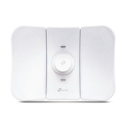 Close-up view of the TP-Link CPE710 central feedhorn transmitter unit featuring dedicated grounding terminals and weatherproof access port hatch.