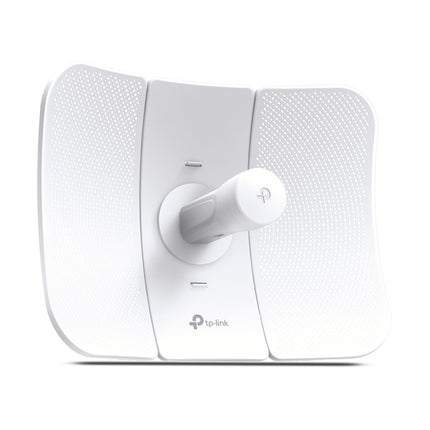 Rear profile of the TP-Link CPE710 showing the tool-less snap-lock assembly mechanism and multi-axis pole-mounting alignment bracket.