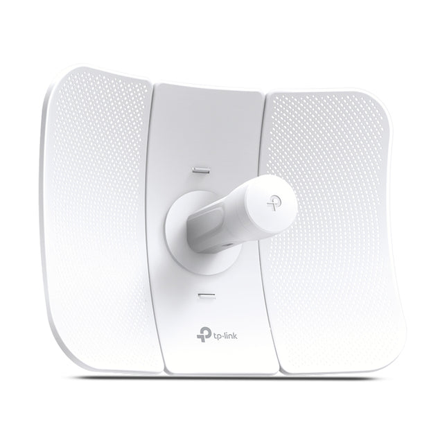 Rear profile of the TP-Link CPE710 showing the tool-less snap-lock assembly mechanism and multi-axis pole-mounting alignment bracket.