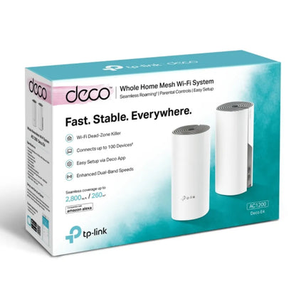 A smartphone screen displaying the TP-Link Deco app alongside a Deco E4 unit, demonstrating the easy setup process and robust parental control features for managing family internet time.