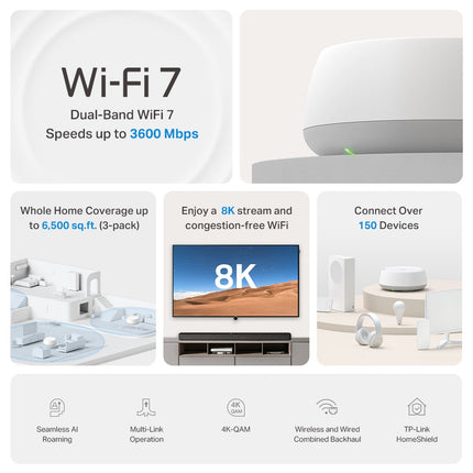 TP-Link Deco BE22 BE3600 mesh Wi-Fi 7 node seamlessly blended into a modern Australian living room setup.