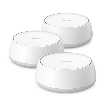 TP-Link Deco BE22 BE3600 whole home mesh Wi-Fi 7 system pack showing the sleek white router units on a clean background.