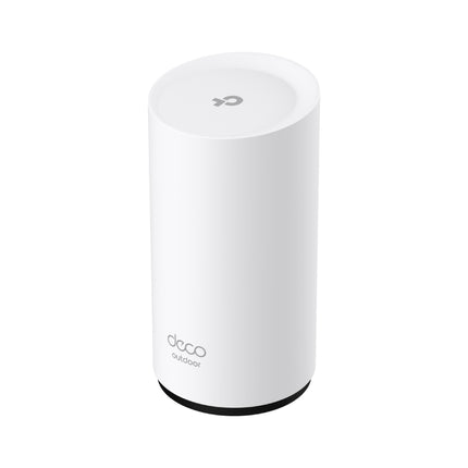 The weatherproof Deco BE25-Outdoor Wi-Fi 7 unit mounted on an exterior wall, bringing high-speed wireless internet to the backyard.