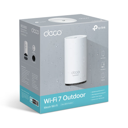 Front view of the retail packaging for the TP-Link Deco BE25-Outdoor BE5000 Mesh Wi-Fi 7 system, Australian edition.