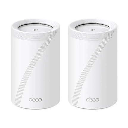 TP-Link Deco BE65 2-Pack BE11000 Whole Home Mesh Wi-Fi 7 System in white, standing on a tabletop.
